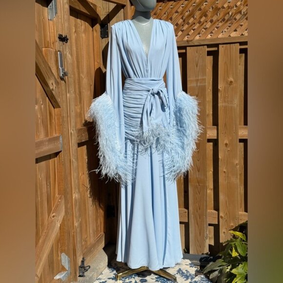 🆕 BRONX & BANCO 🧿 NWOT Geisha Feather-Trim Maxi Dress, Powder Blue - Sz M US 6 - Picture 4 of 16